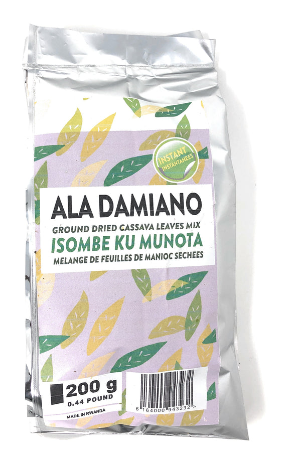 Wholesale of Ground Dried Cassava Leaves Mix, Isombe Ku Munota, 200 grams, Ala Damiano| 24 units per box